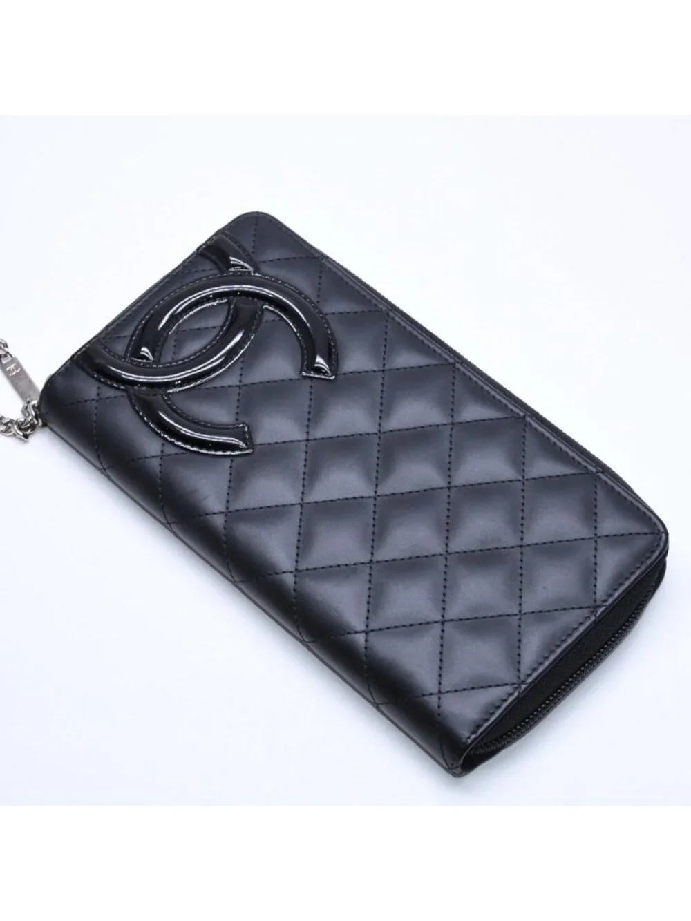 Chanel Cambon Line Round Zip Wallet Calfskin Black Silver